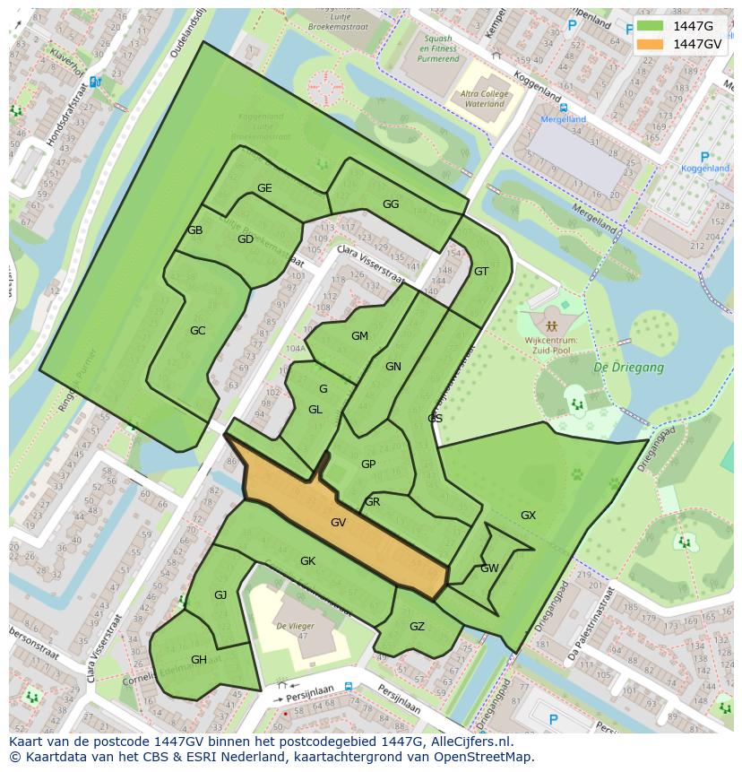 Afbeelding van het postcodegebied 1447 GV op de kaart.