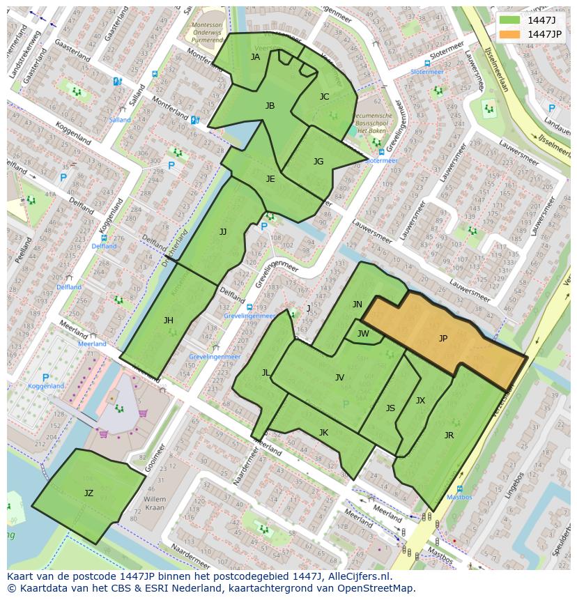 Afbeelding van het postcodegebied 1447 JP op de kaart.