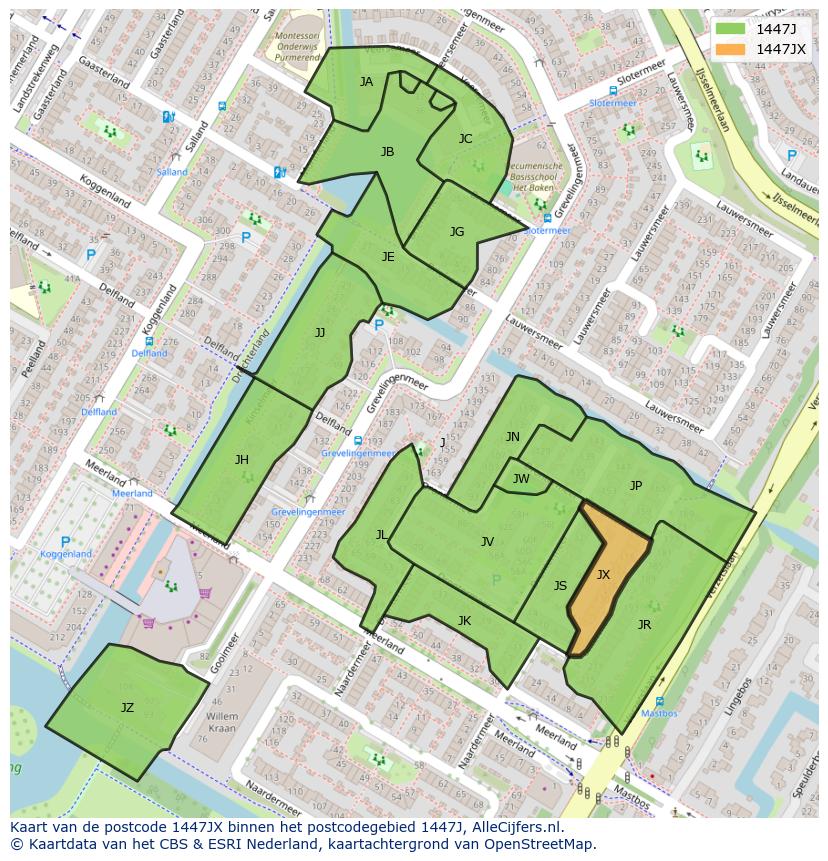 Afbeelding van het postcodegebied 1447 JX op de kaart.