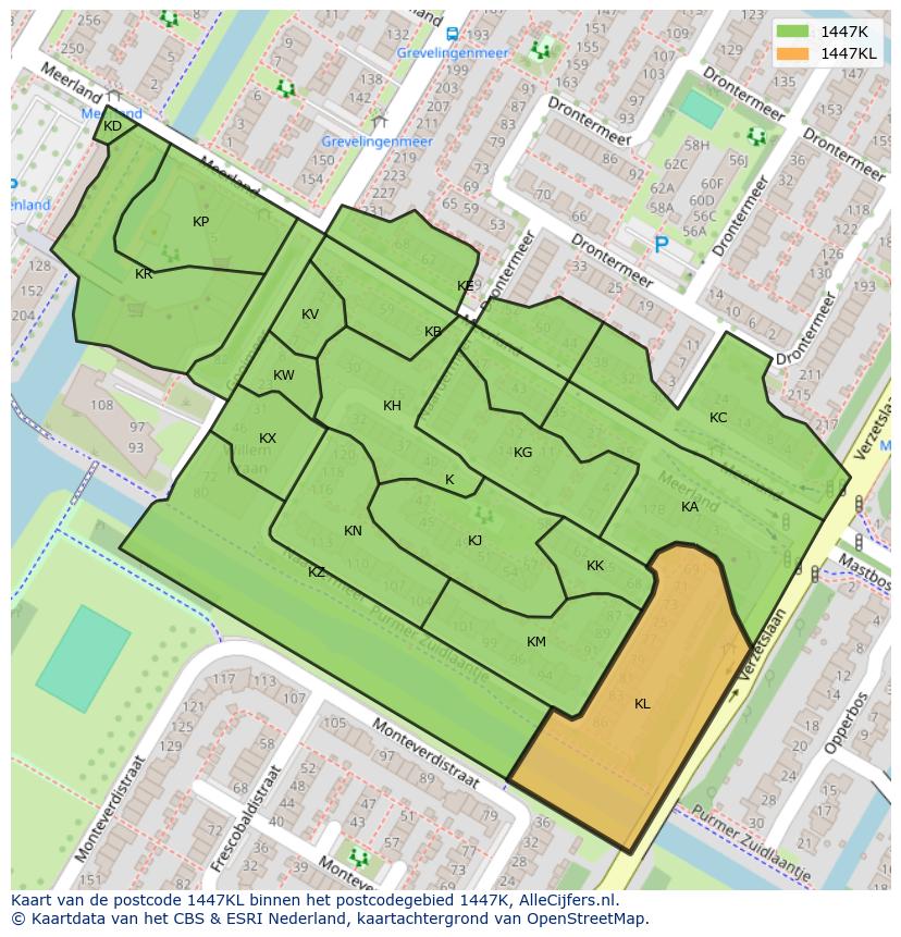 Afbeelding van het postcodegebied 1447 KL op de kaart.