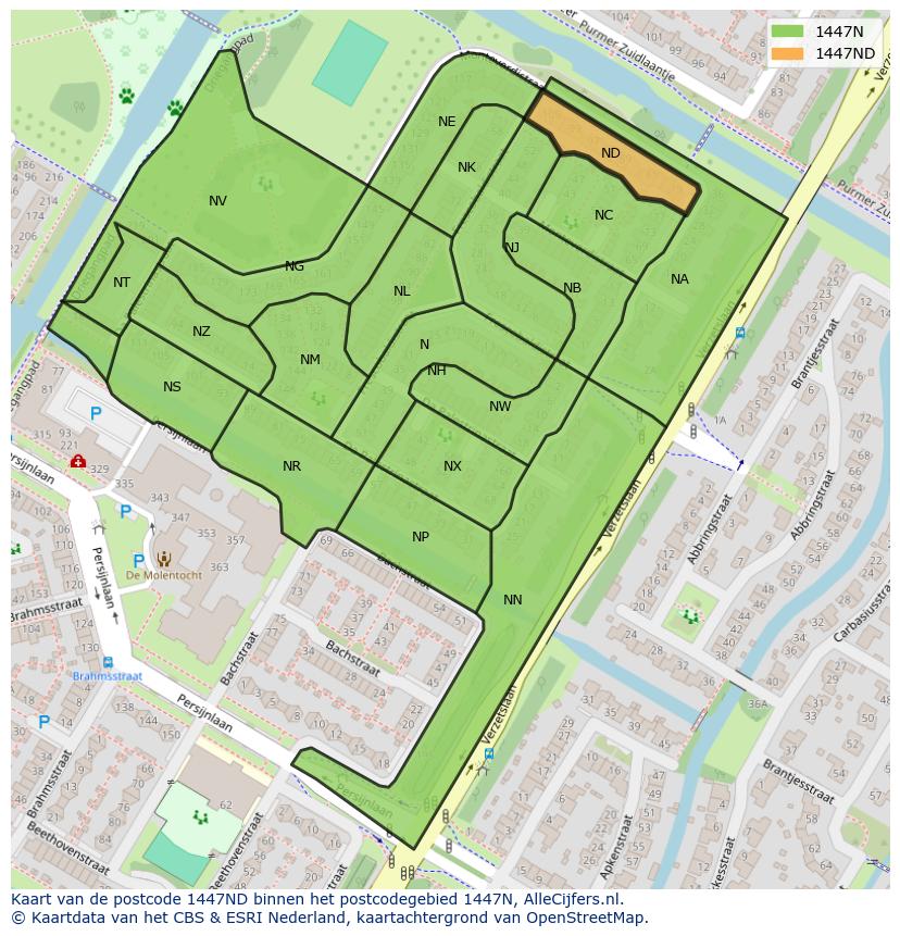 Afbeelding van het postcodegebied 1447 ND op de kaart.