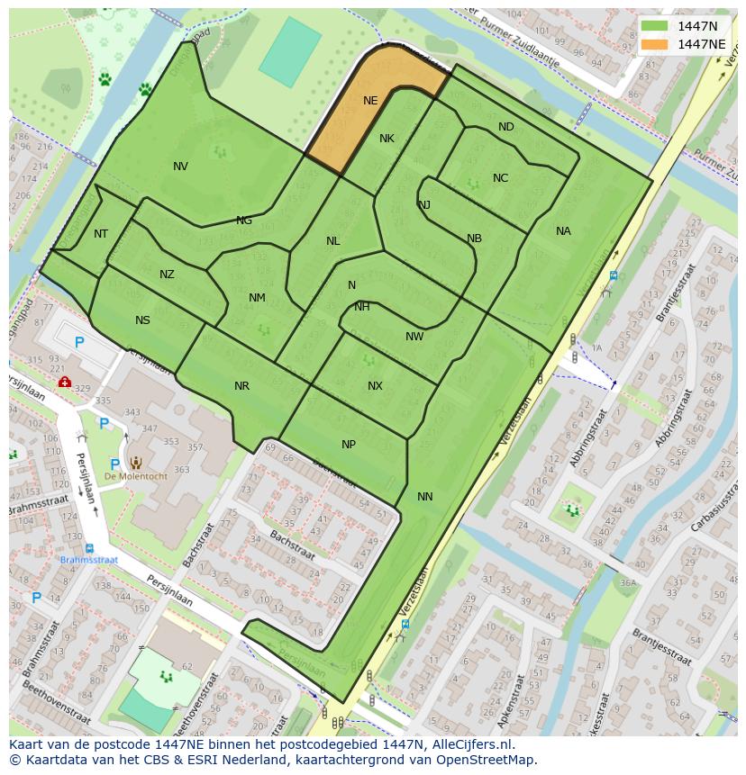 Afbeelding van het postcodegebied 1447 NE op de kaart.