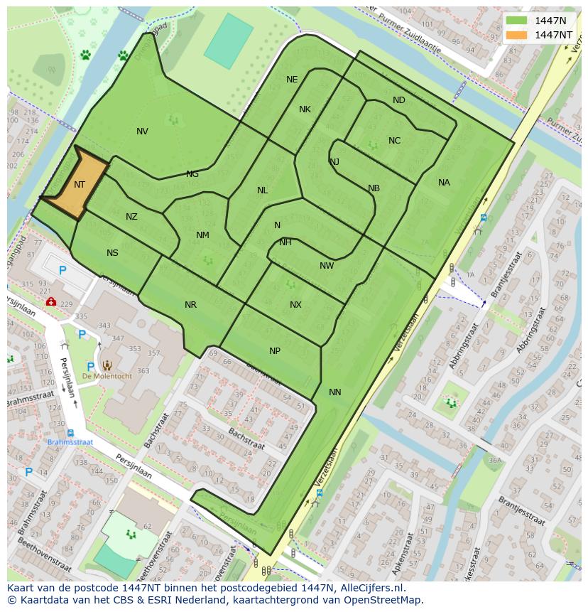 Afbeelding van het postcodegebied 1447 NT op de kaart.