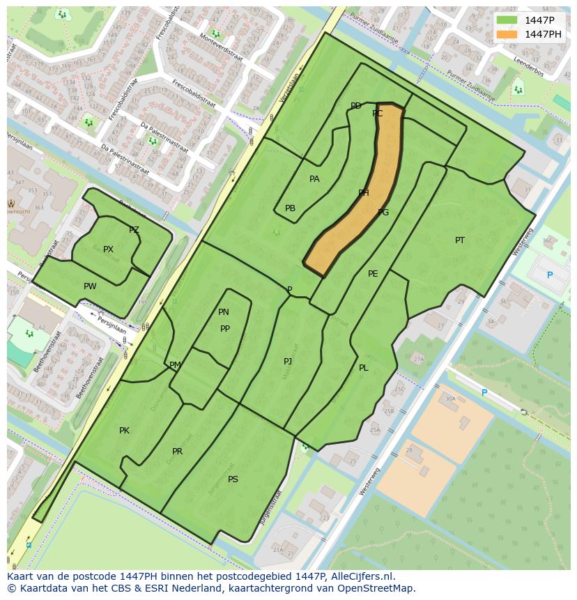Afbeelding van het postcodegebied 1447 PH op de kaart.