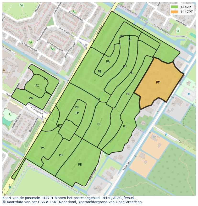Afbeelding van het postcodegebied 1447 PT op de kaart.