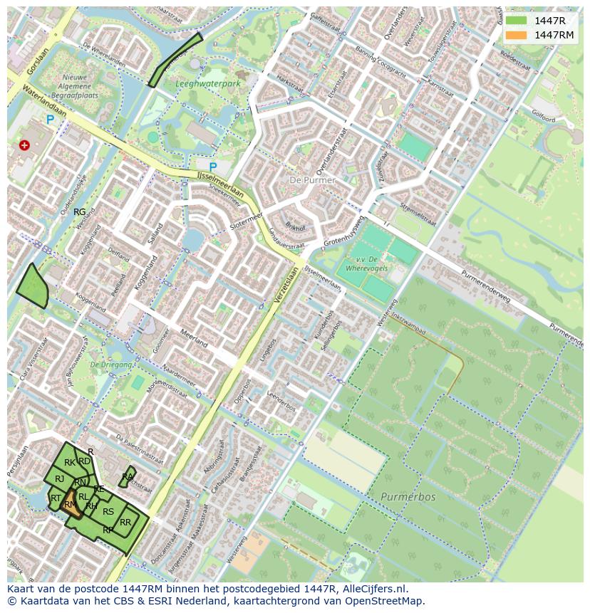 Afbeelding van het postcodegebied 1447 RM op de kaart.