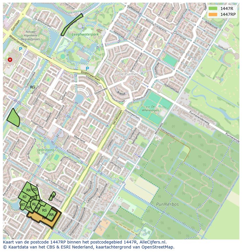 Afbeelding van het postcodegebied 1447 RP op de kaart.