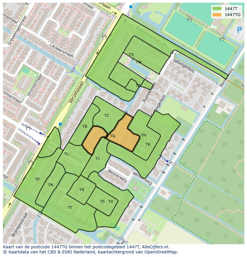 Afbeelding van het postcodegebied 1447 TG op de kaart.