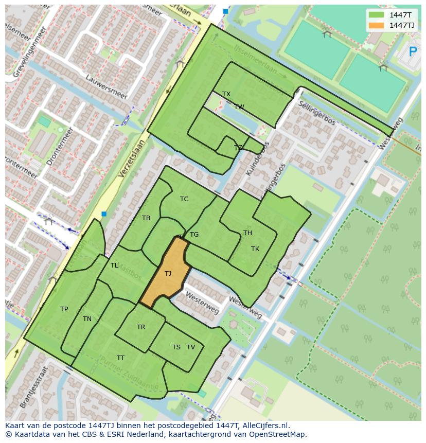 Afbeelding van het postcodegebied 1447 TJ op de kaart.