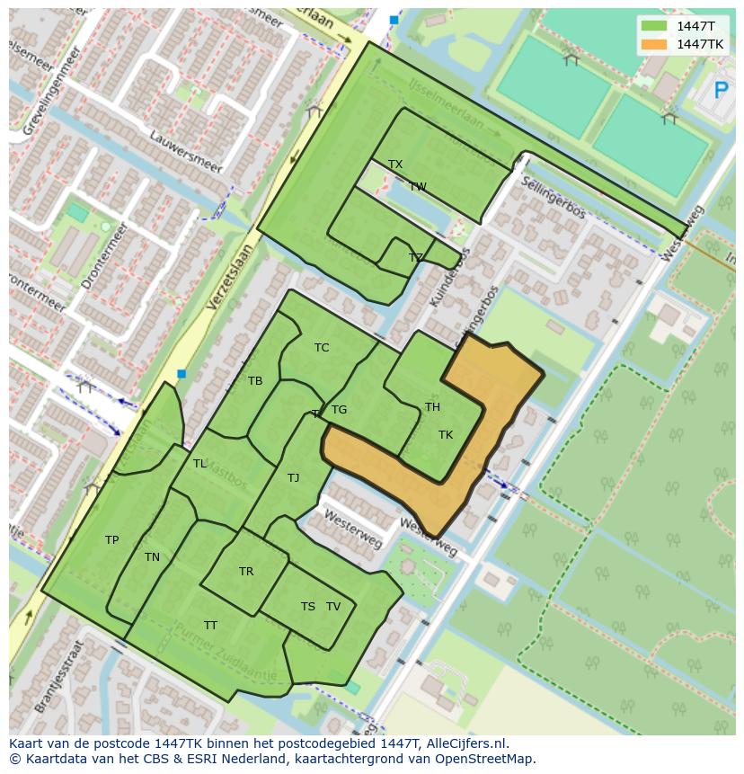 Afbeelding van het postcodegebied 1447 TK op de kaart.