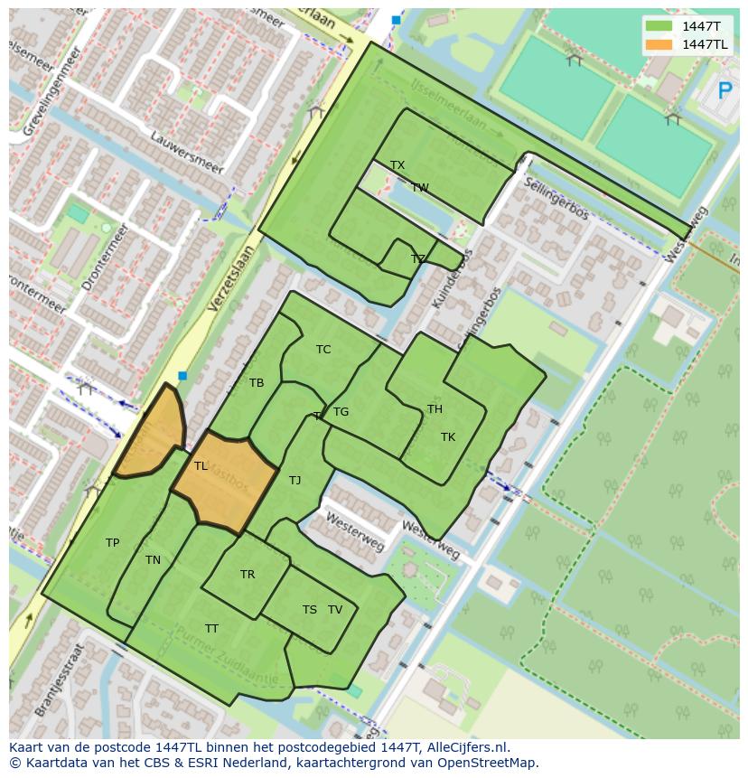 Afbeelding van het postcodegebied 1447 TL op de kaart.