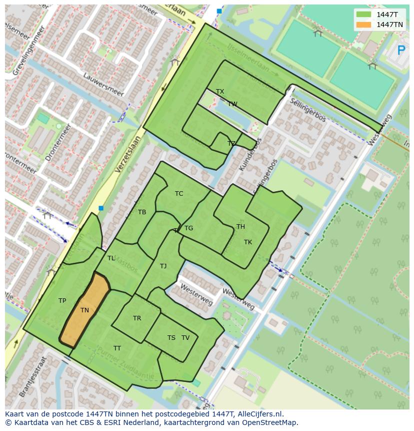 Afbeelding van het postcodegebied 1447 TN op de kaart.