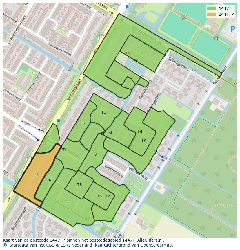 Afbeelding van het postcodegebied 1447 TP op de kaart.