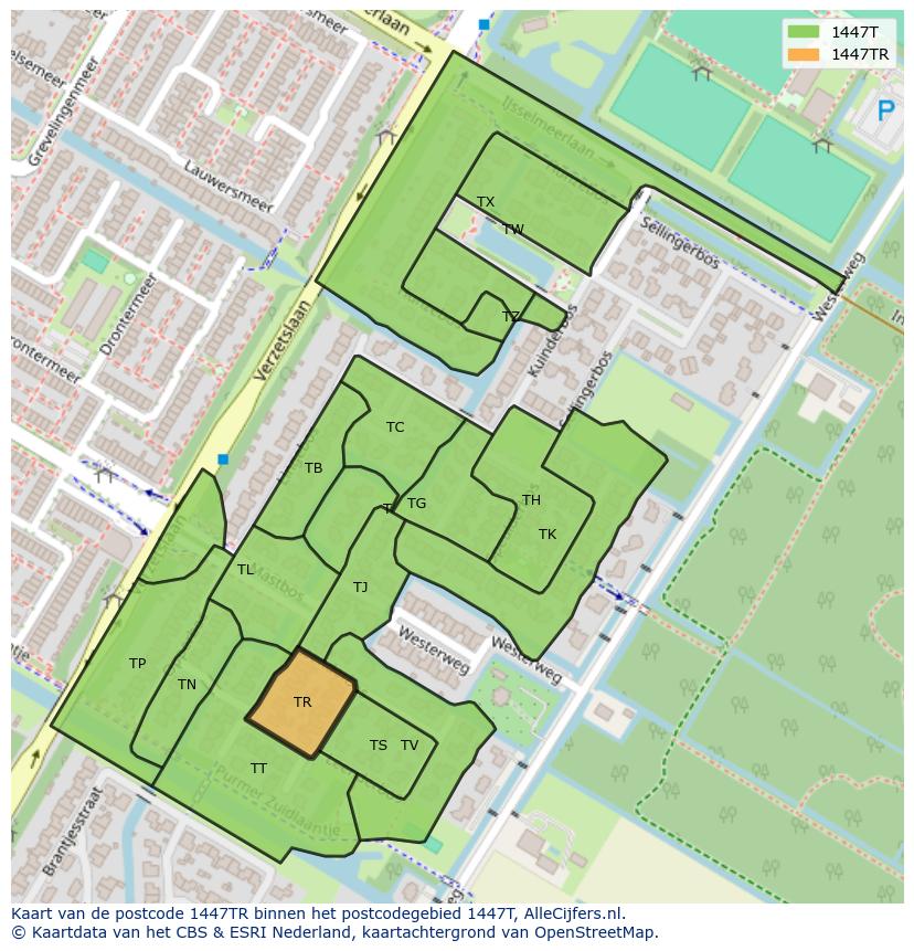 Afbeelding van het postcodegebied 1447 TR op de kaart.