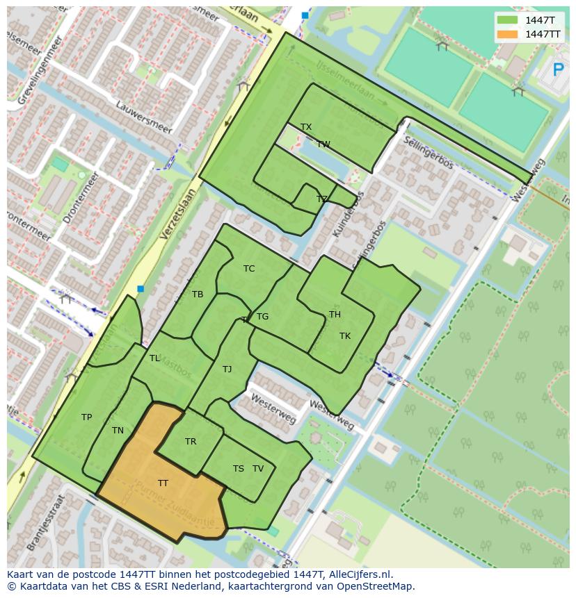 Afbeelding van het postcodegebied 1447 TT op de kaart.