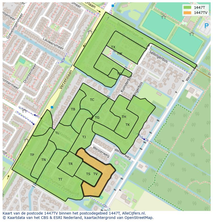 Afbeelding van het postcodegebied 1447 TV op de kaart.
