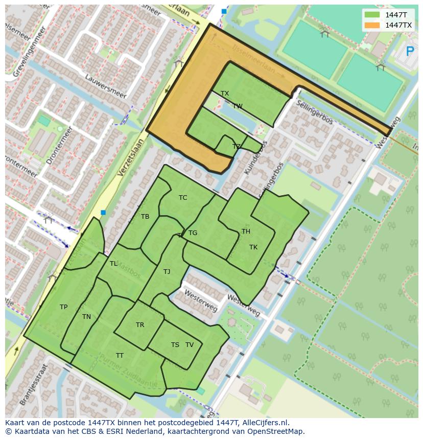 Afbeelding van het postcodegebied 1447 TX op de kaart.