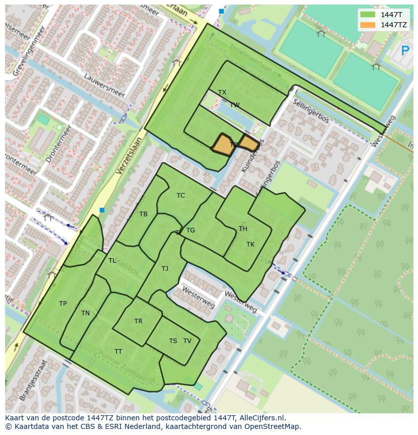 Afbeelding van het postcodegebied 1447 TZ op de kaart.