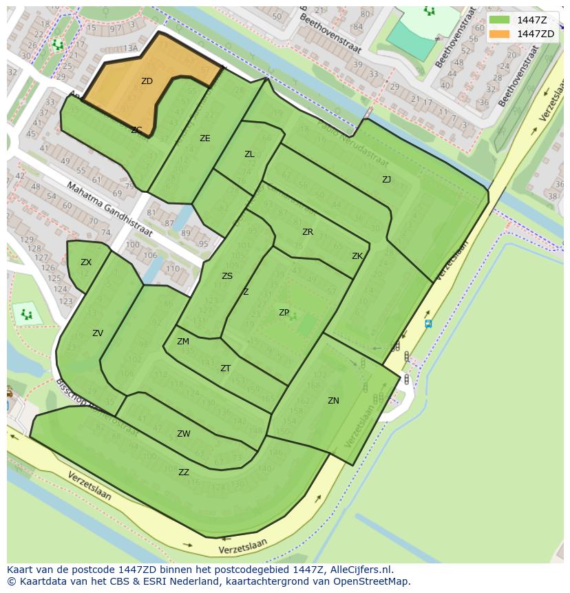 Afbeelding van het postcodegebied 1447 ZD op de kaart.
