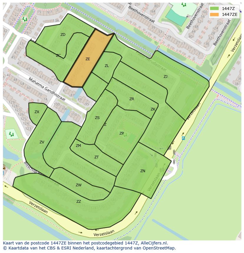 Afbeelding van het postcodegebied 1447 ZE op de kaart.
