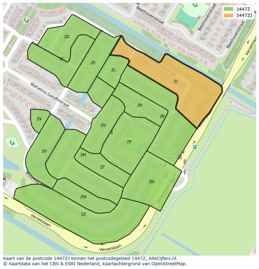 Afbeelding van het postcodegebied 1447 ZJ op de kaart.