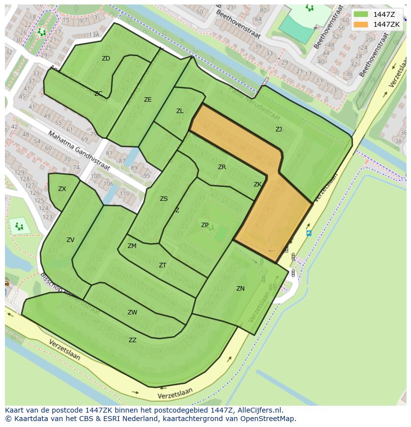 Afbeelding van het postcodegebied 1447 ZK op de kaart.