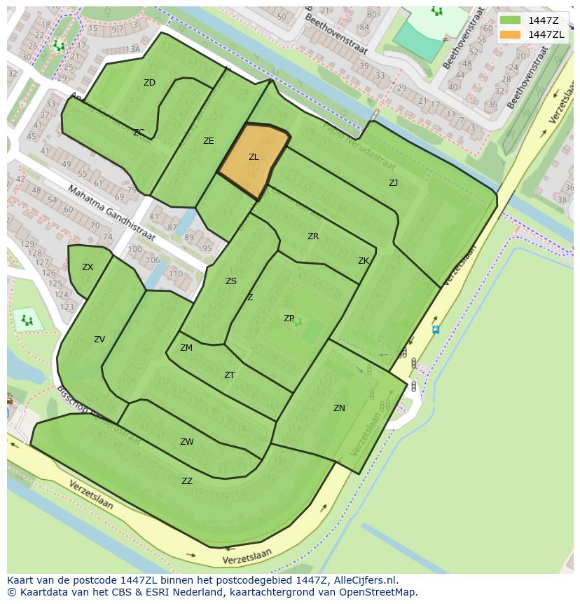 Afbeelding van het postcodegebied 1447 ZL op de kaart.