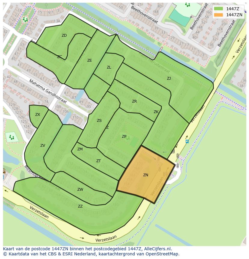 Afbeelding van het postcodegebied 1447 ZN op de kaart.