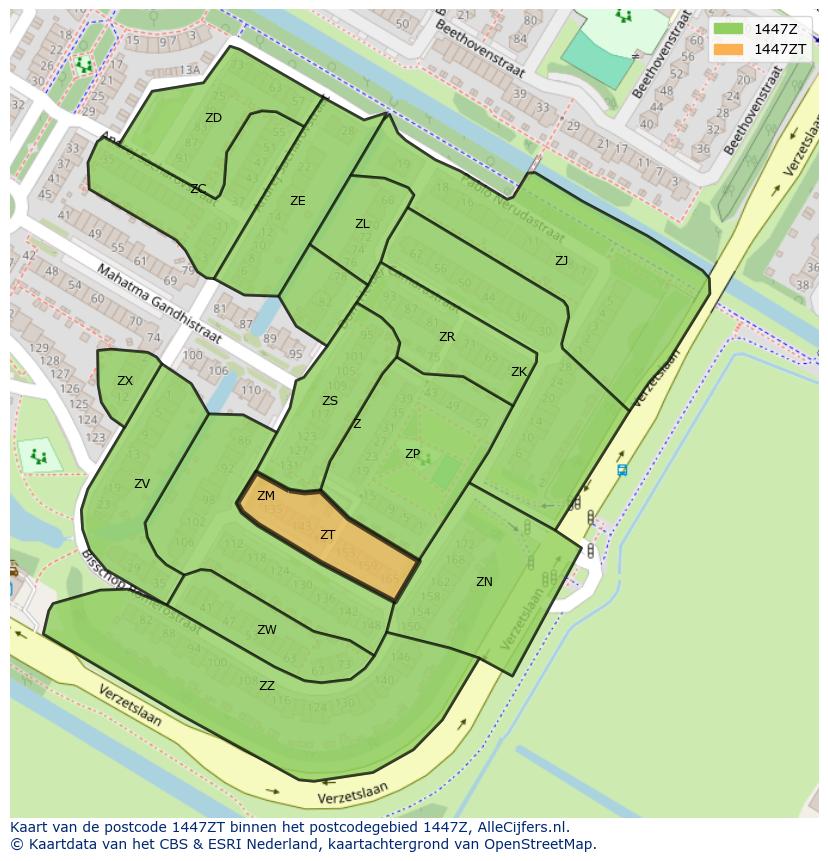 Afbeelding van het postcodegebied 1447 ZT op de kaart.