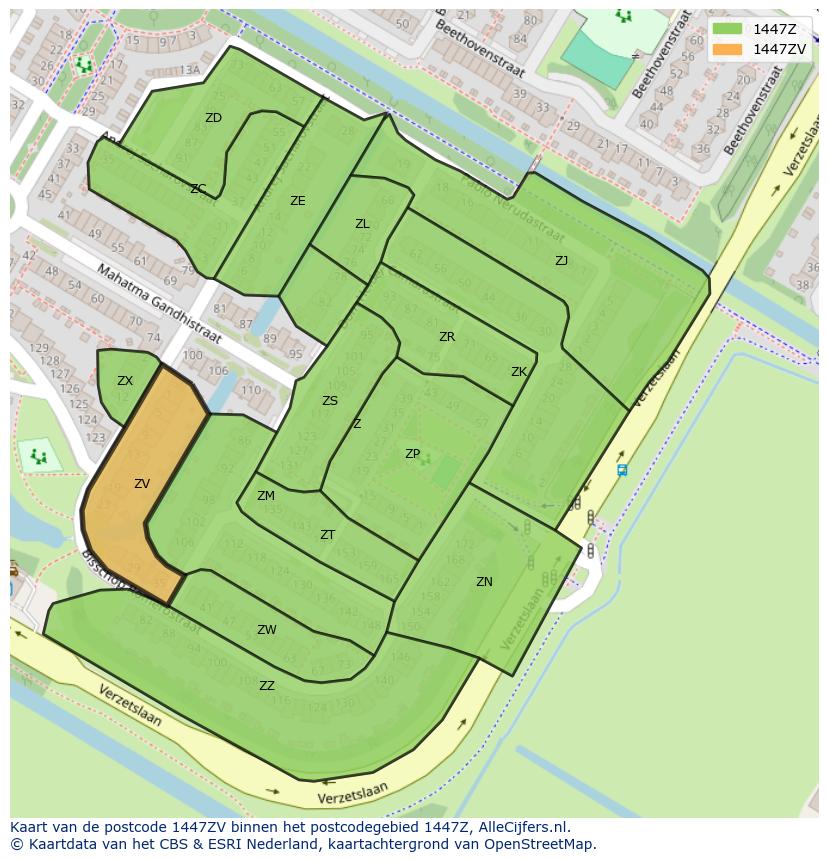 Afbeelding van het postcodegebied 1447 ZV op de kaart.