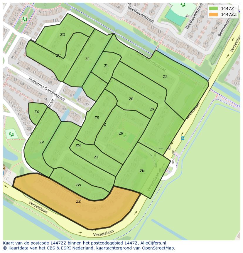 Afbeelding van het postcodegebied 1447 ZZ op de kaart.
