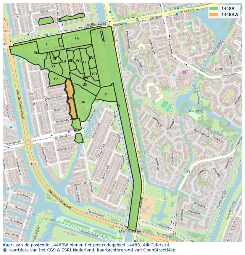 Afbeelding van het postcodegebied 1448 BW op de kaart.