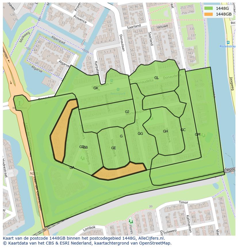 Afbeelding van het postcodegebied 1448 GB op de kaart.