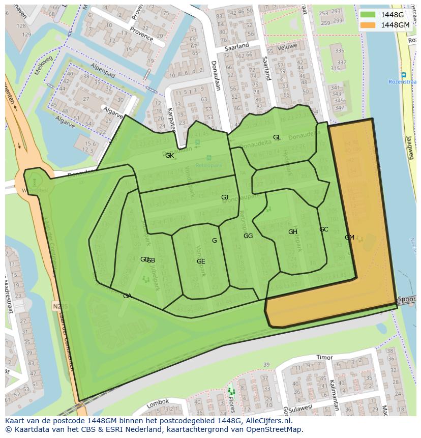 Afbeelding van het postcodegebied 1448 GM op de kaart.