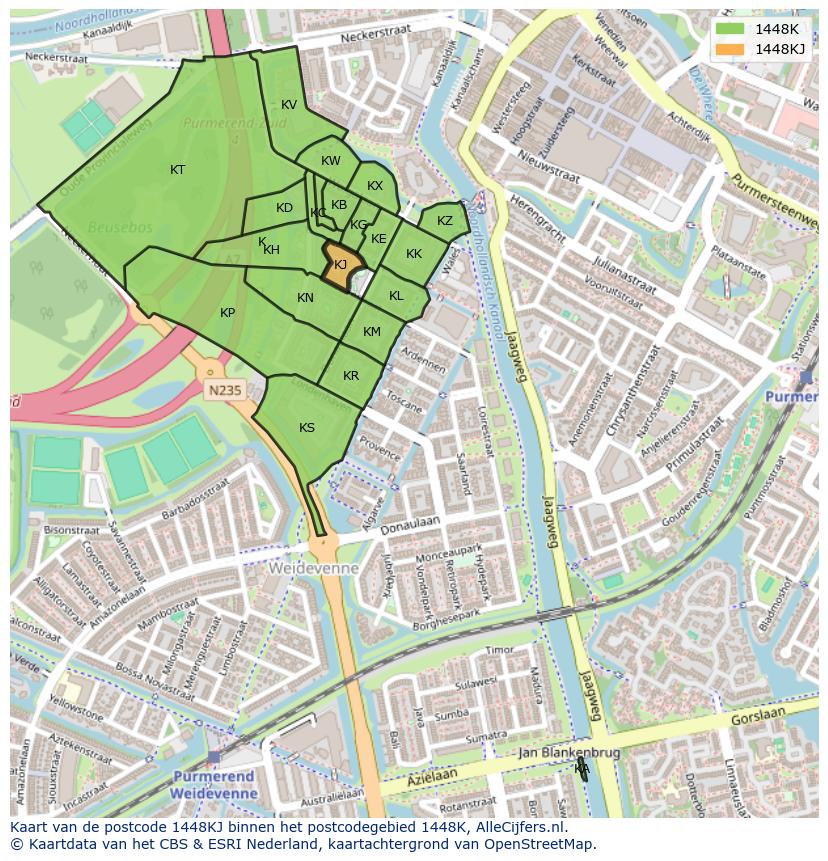 Afbeelding van het postcodegebied 1448 KJ op de kaart.