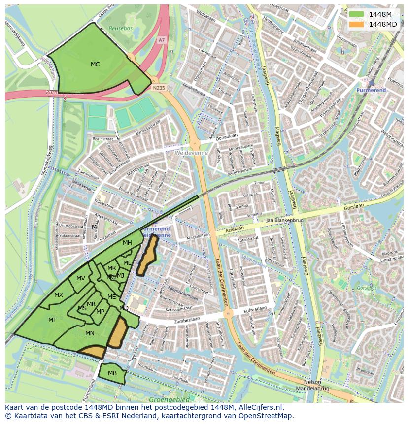 Afbeelding van het postcodegebied 1448 MD op de kaart.