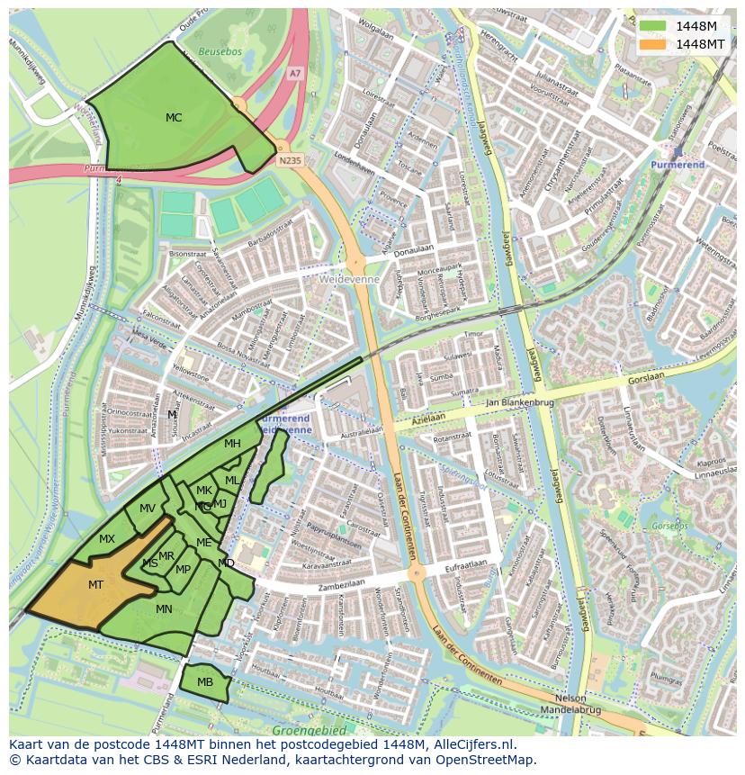 Afbeelding van het postcodegebied 1448 MT op de kaart.
