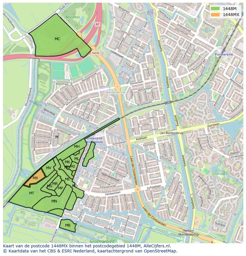 Afbeelding van het postcodegebied 1448 MX op de kaart.