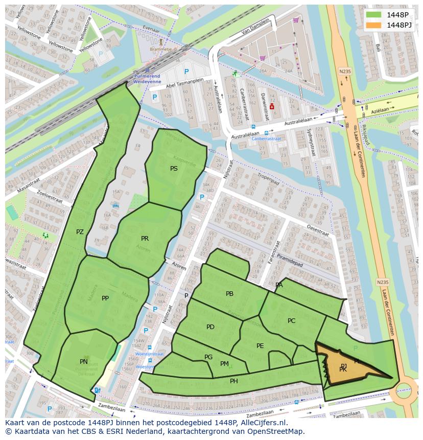 Afbeelding van het postcodegebied 1448 PJ op de kaart.