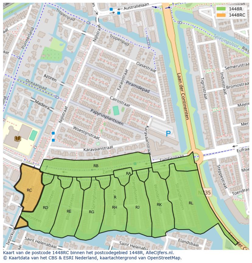 Afbeelding van het postcodegebied 1448 RC op de kaart.
