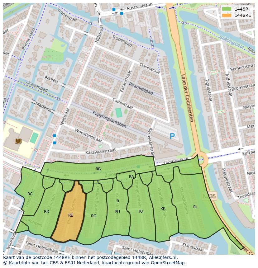 Afbeelding van het postcodegebied 1448 RE op de kaart.
