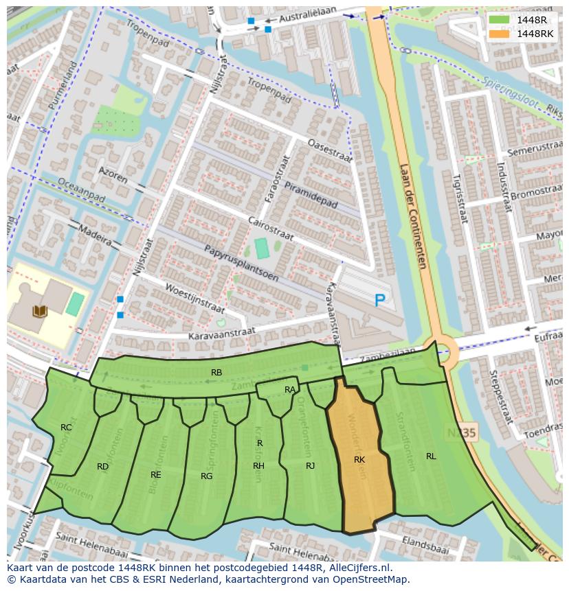 Afbeelding van het postcodegebied 1448 RK op de kaart.