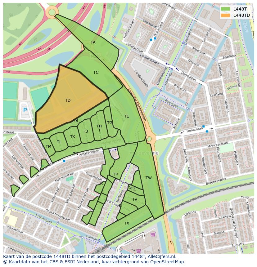 Afbeelding van het postcodegebied 1448 TD op de kaart.
