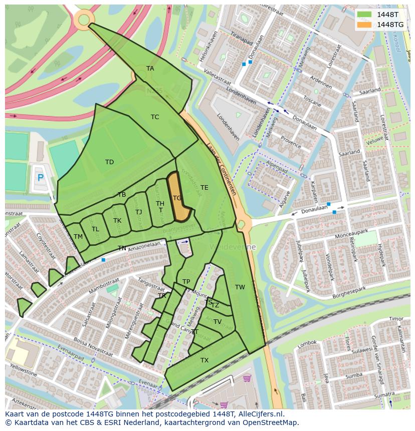 Afbeelding van het postcodegebied 1448 TG op de kaart.