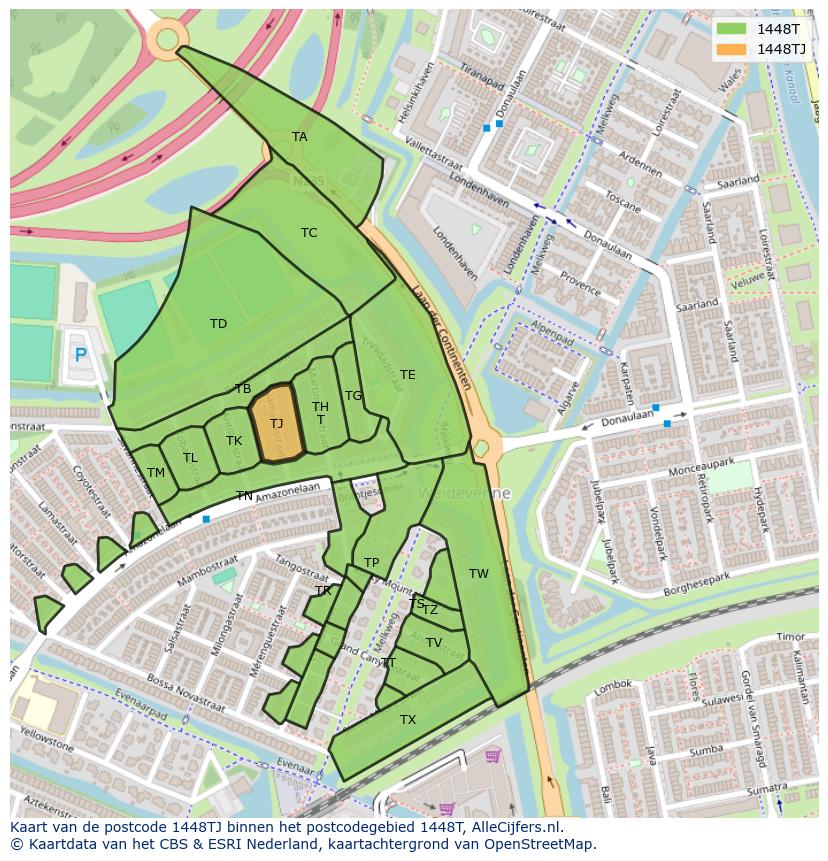 Afbeelding van het postcodegebied 1448 TJ op de kaart.