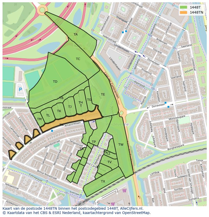 Afbeelding van het postcodegebied 1448 TN op de kaart.