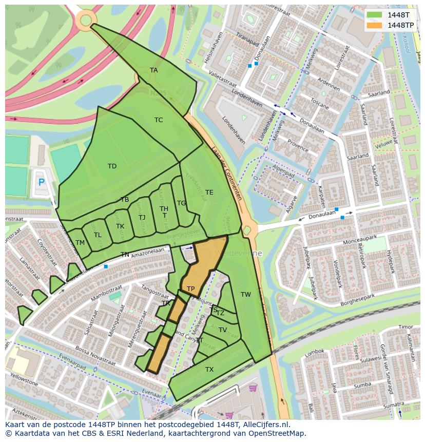 Afbeelding van het postcodegebied 1448 TP op de kaart.