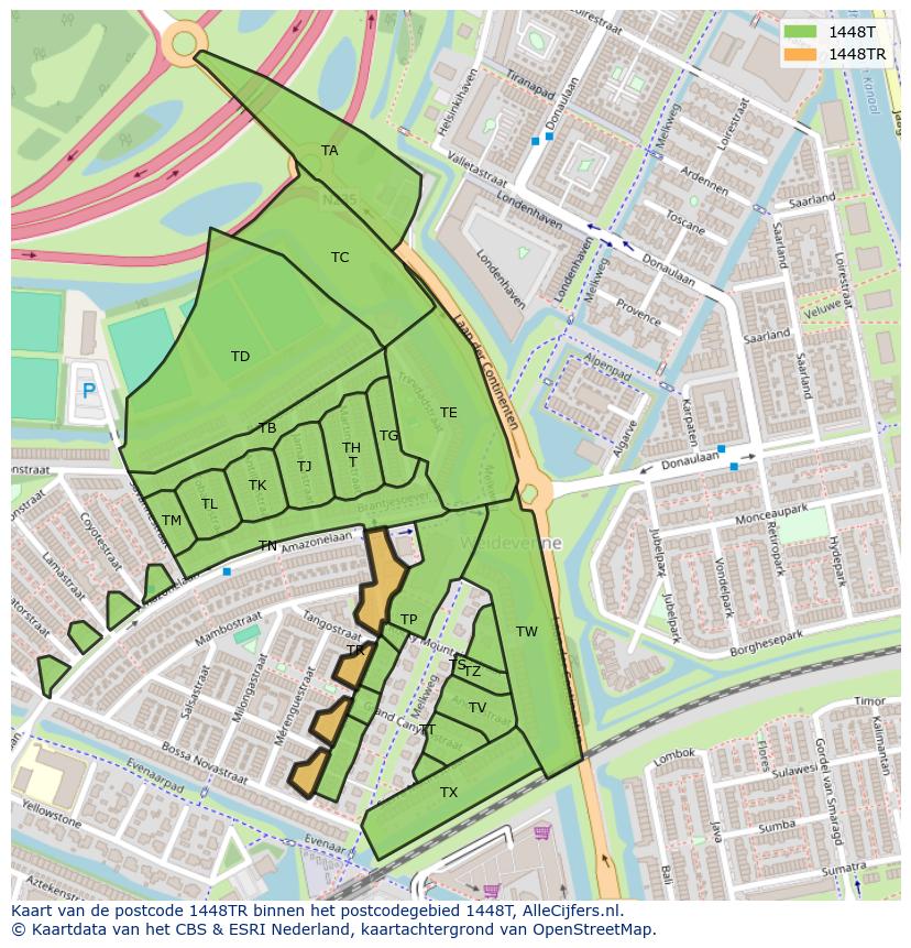Afbeelding van het postcodegebied 1448 TR op de kaart.