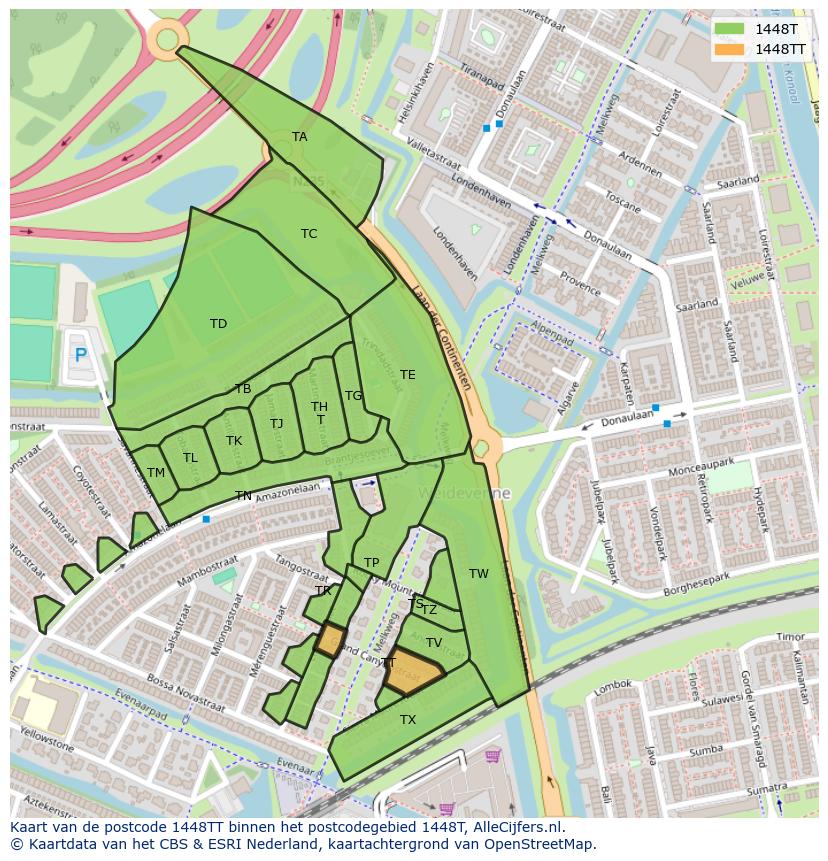 Afbeelding van het postcodegebied 1448 TT op de kaart.