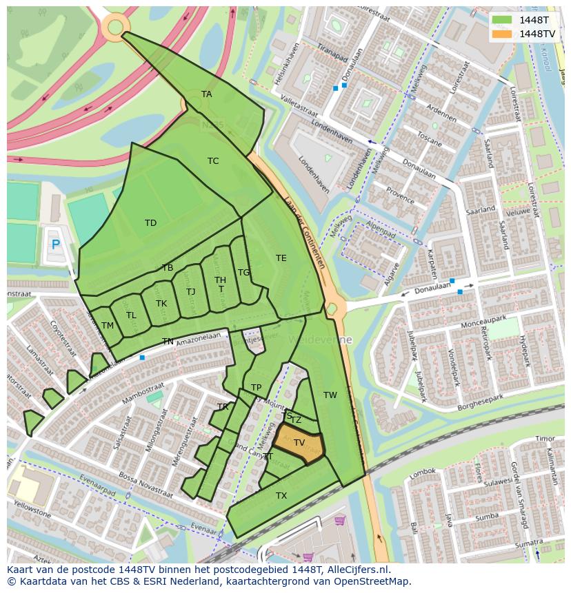 Afbeelding van het postcodegebied 1448 TV op de kaart.
